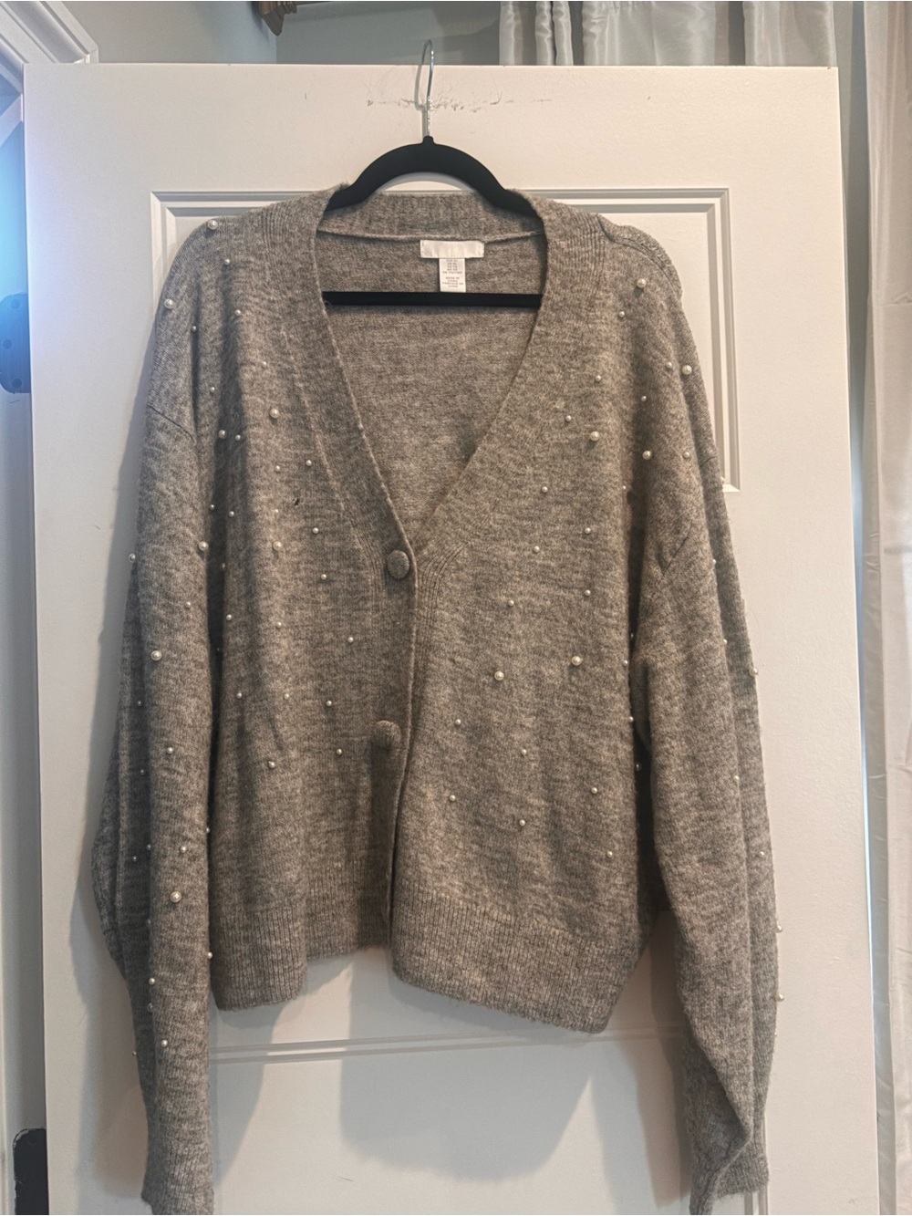 H&M Gray Pearl-Embellished V-Neck Cardigan